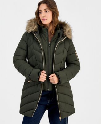 Juniors' Faux-Fur-Trim Hooded Puffer Coat