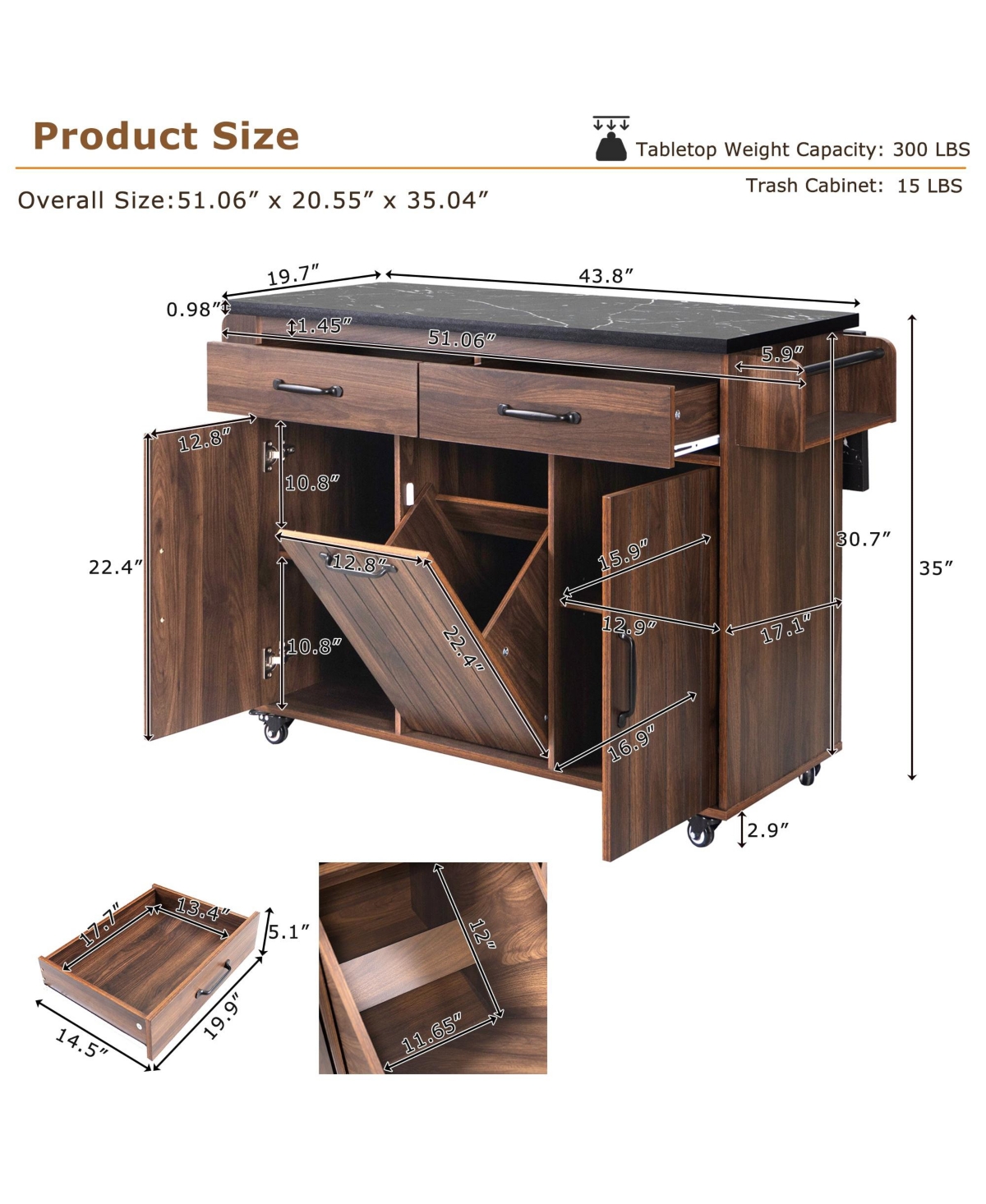 Clihome Mobile Kitchen Island Cart Foldable Top, Convertible to Fixed Cabinet with Trash & Storage