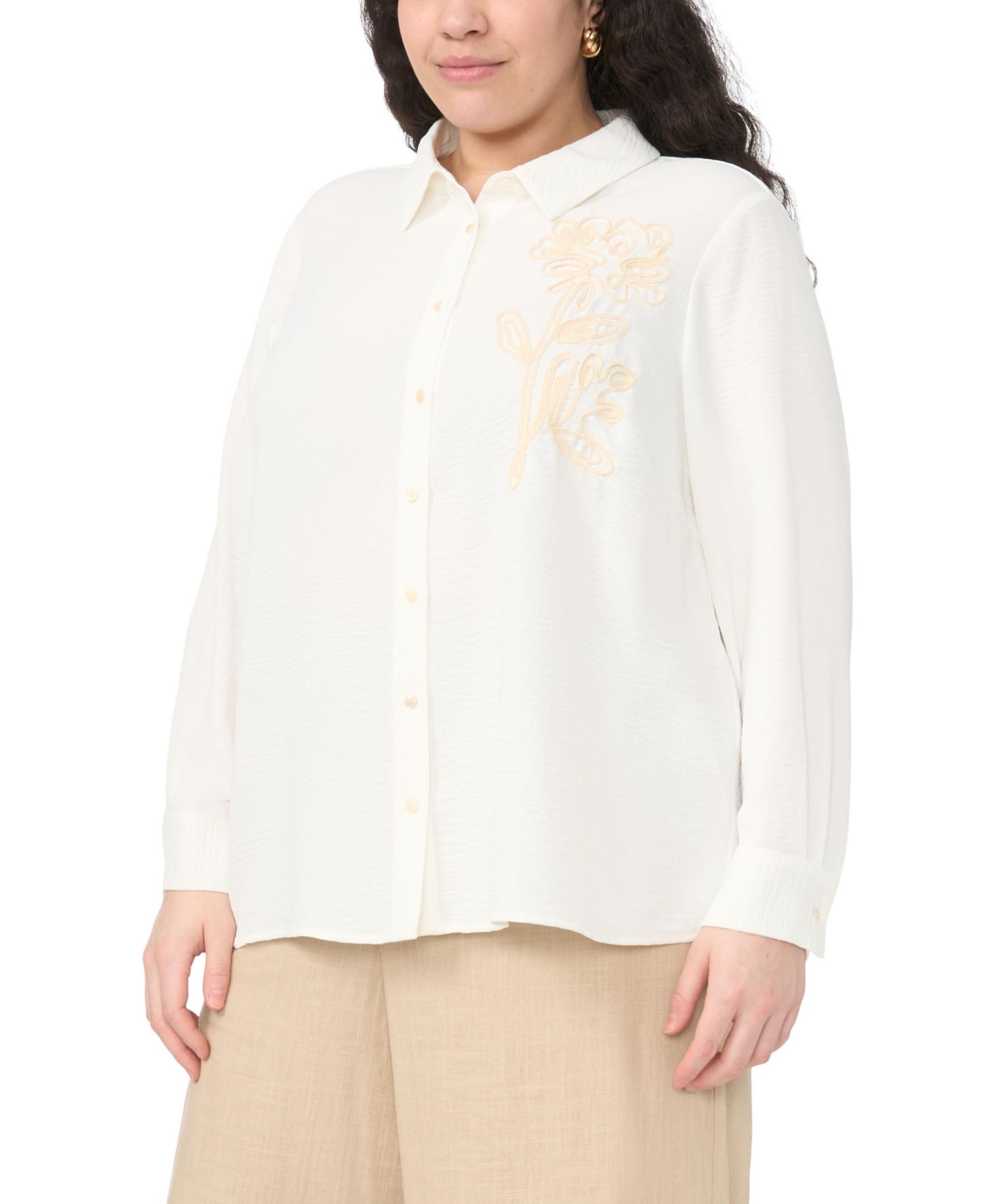 Plus Size Button-Down Tunic Flower Applique Blouse