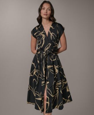 Women's Printed Tie Belt V-Neck Midi Dress
