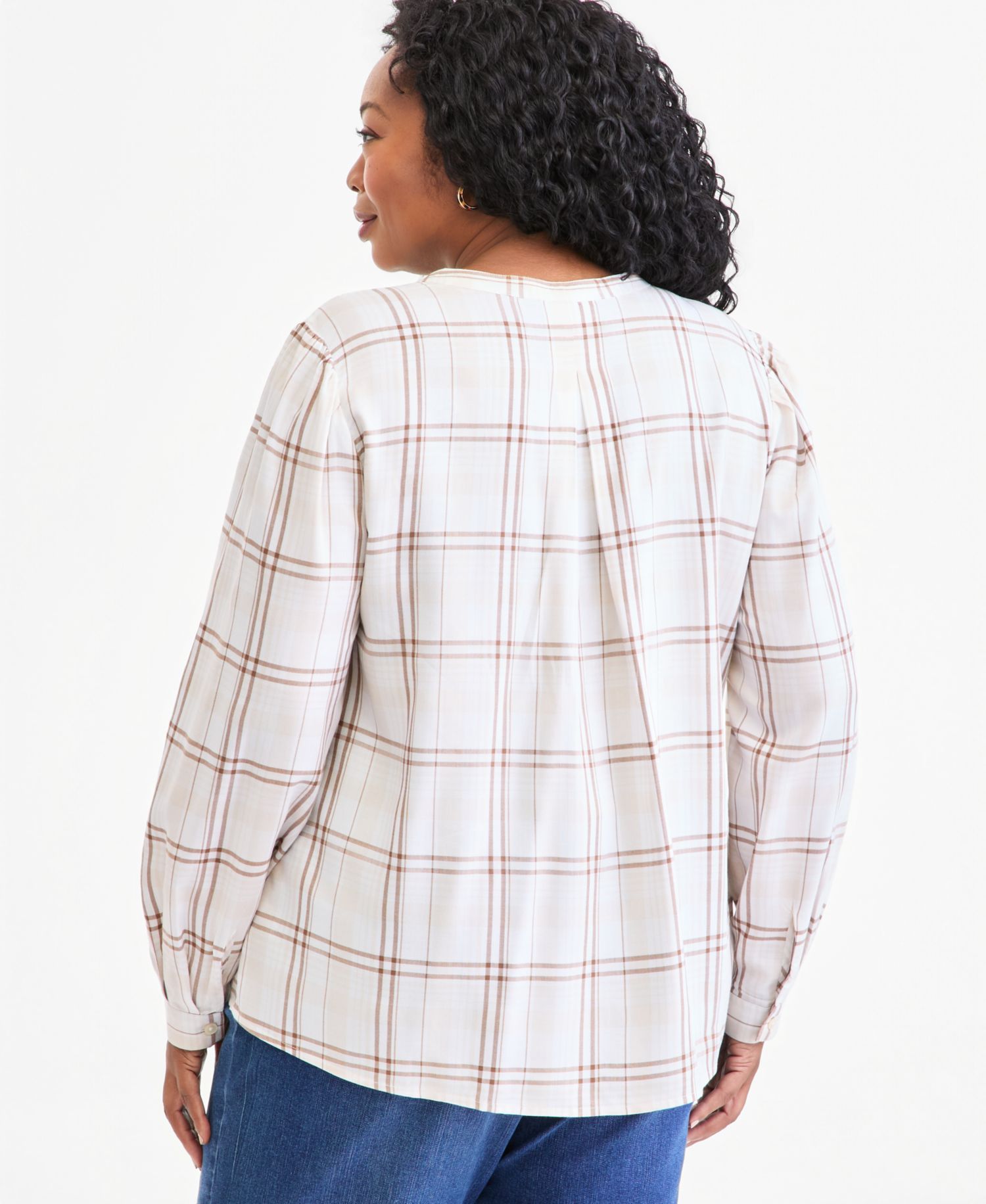 Plus Size Plaid Long-Sleeve Pleat Front Top