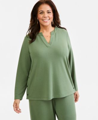 Plus Size Luxsoft FT Split V-Neck Long-Sleeve Top