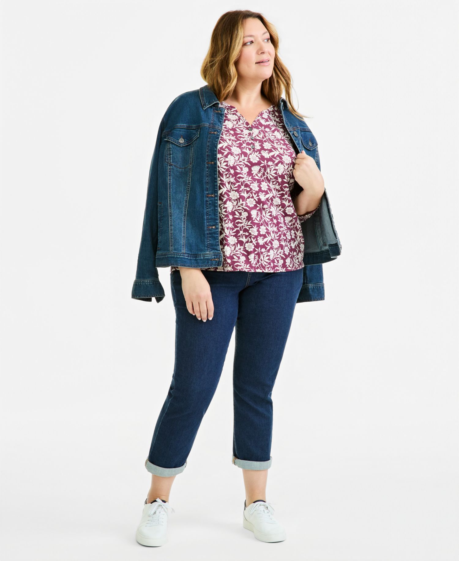 Plus Printed 3/4 Sleeve Henley Top