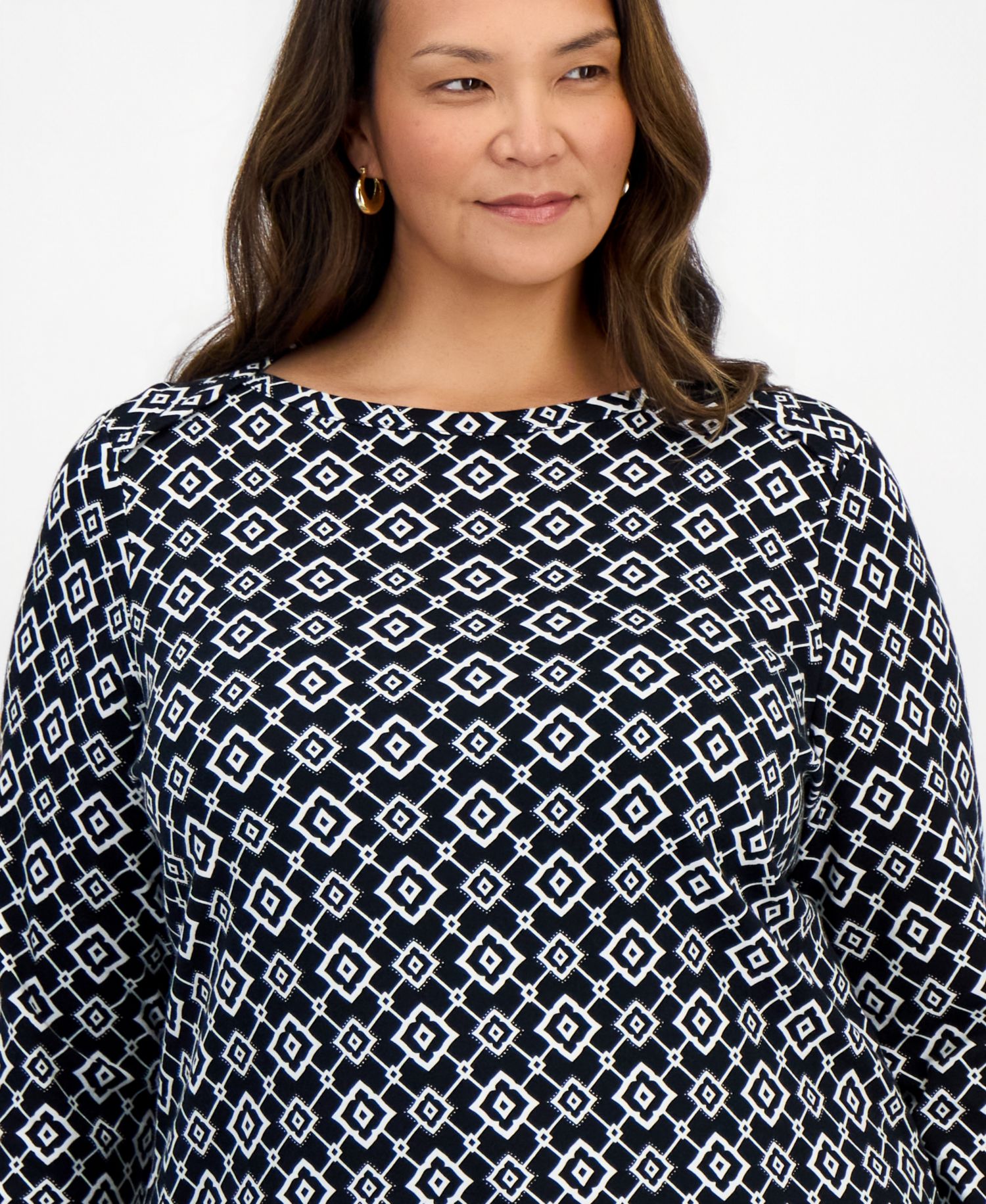 Petite Printed Pima Cotton 3/4-Sleeve Boat Neck Top
