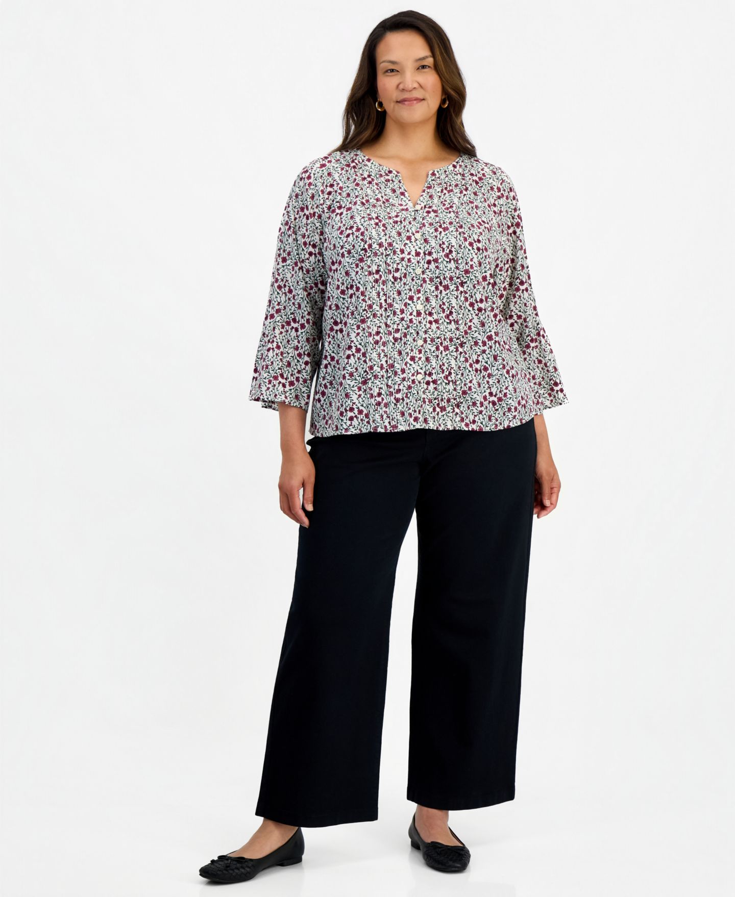 Женская блузка Style & Co Plus Printed Bell-Sleeve Pintuck, цвет: Кирпичный — фото 2