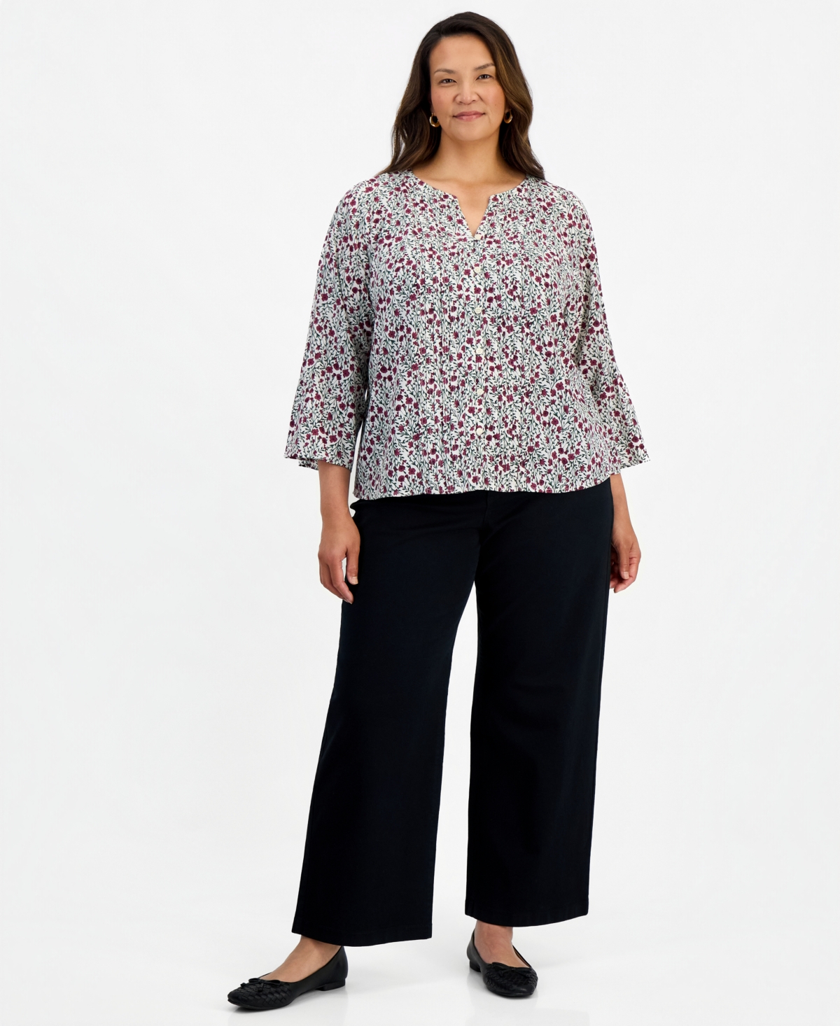 Style & Co Plus Floral-Print Pintuck Bell-Sleeve Blouse, Macy's Exclusive
