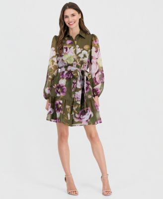 Women's Tiered Chiffon Tie-Waist Shirtdress