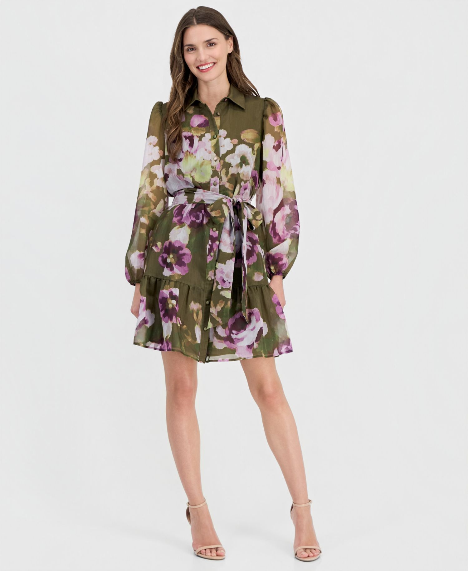 Women's Tiered Chiffon Tie-Waist Shirtdress