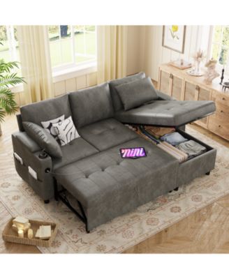 Sleeper Sofa Bed, 3-in-1 Pull Out Couch with Reversible Chaise, Leather Sleeper Sofa