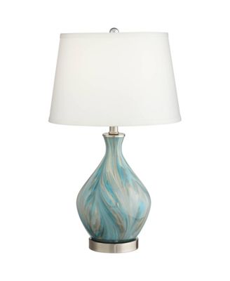 Coastal Accent Table Lamp with Table Top Dimmer  Gray Glazed Glass White Fabric Tapered Drum for Bedroom (Color May Vary)