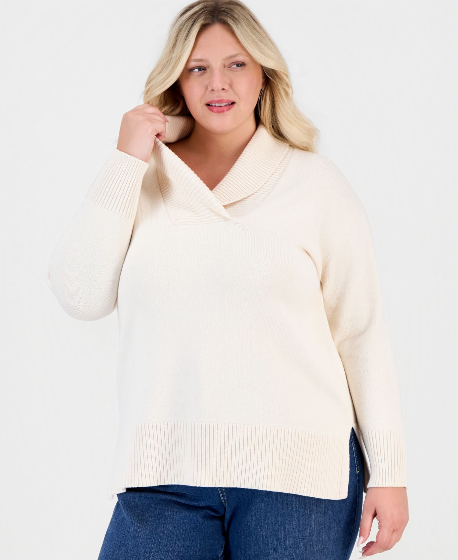 Petite Shawl Collar Cotton-Blend Sweater