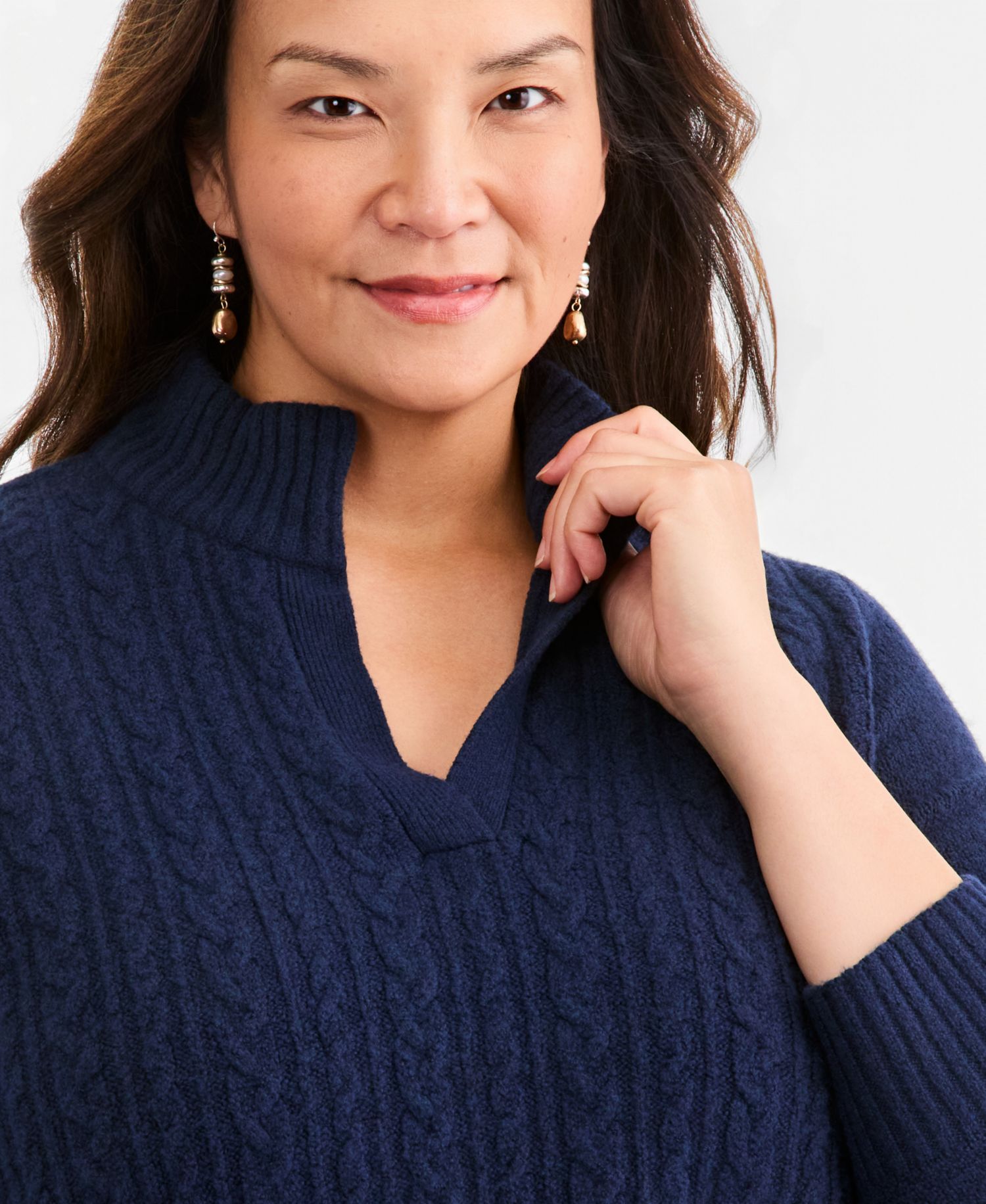 Plus Cable Split Mockneck Long-Sleeve Sweater