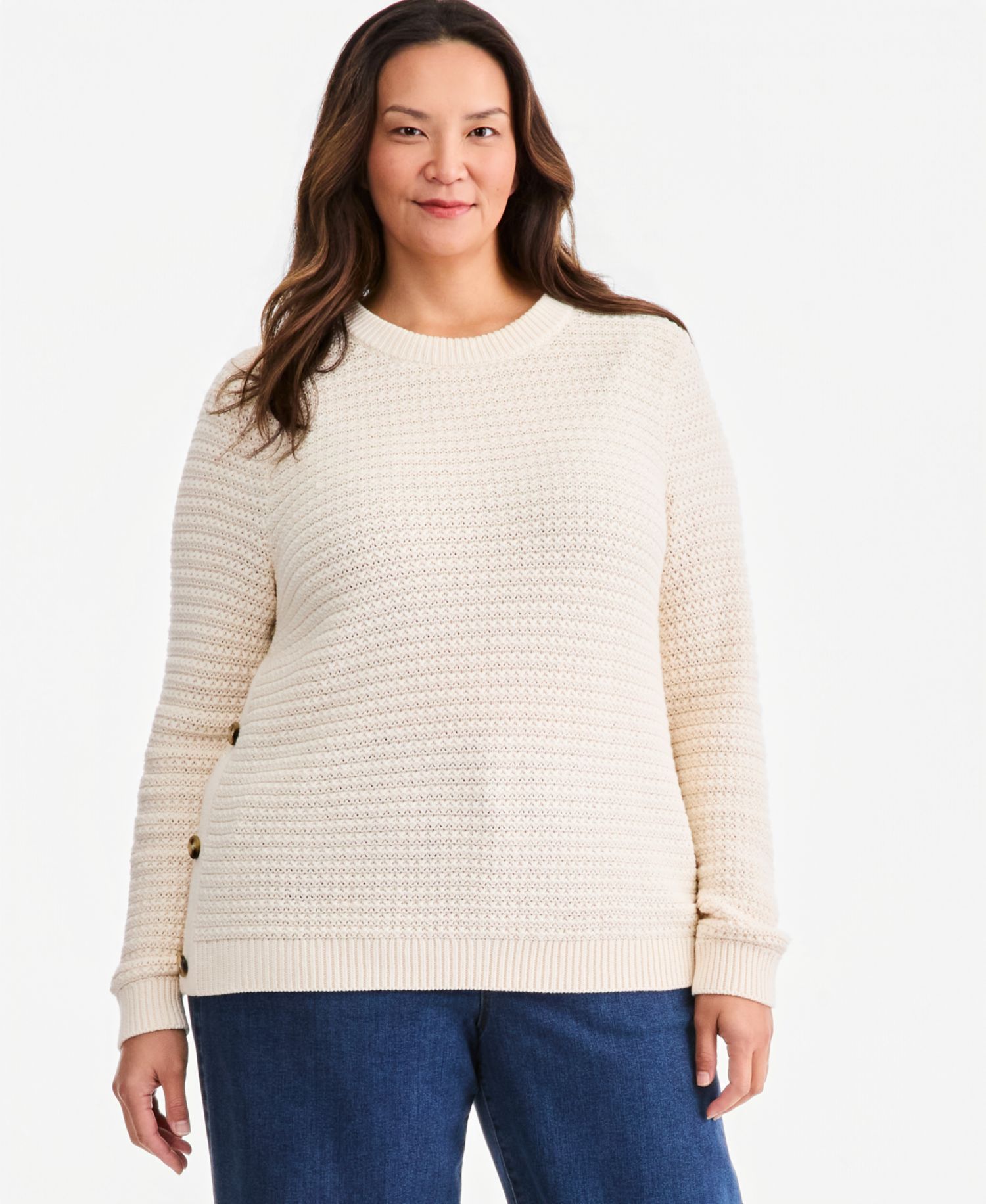 Plus Crewneck Ribbed-Knit Side-Button Sweater