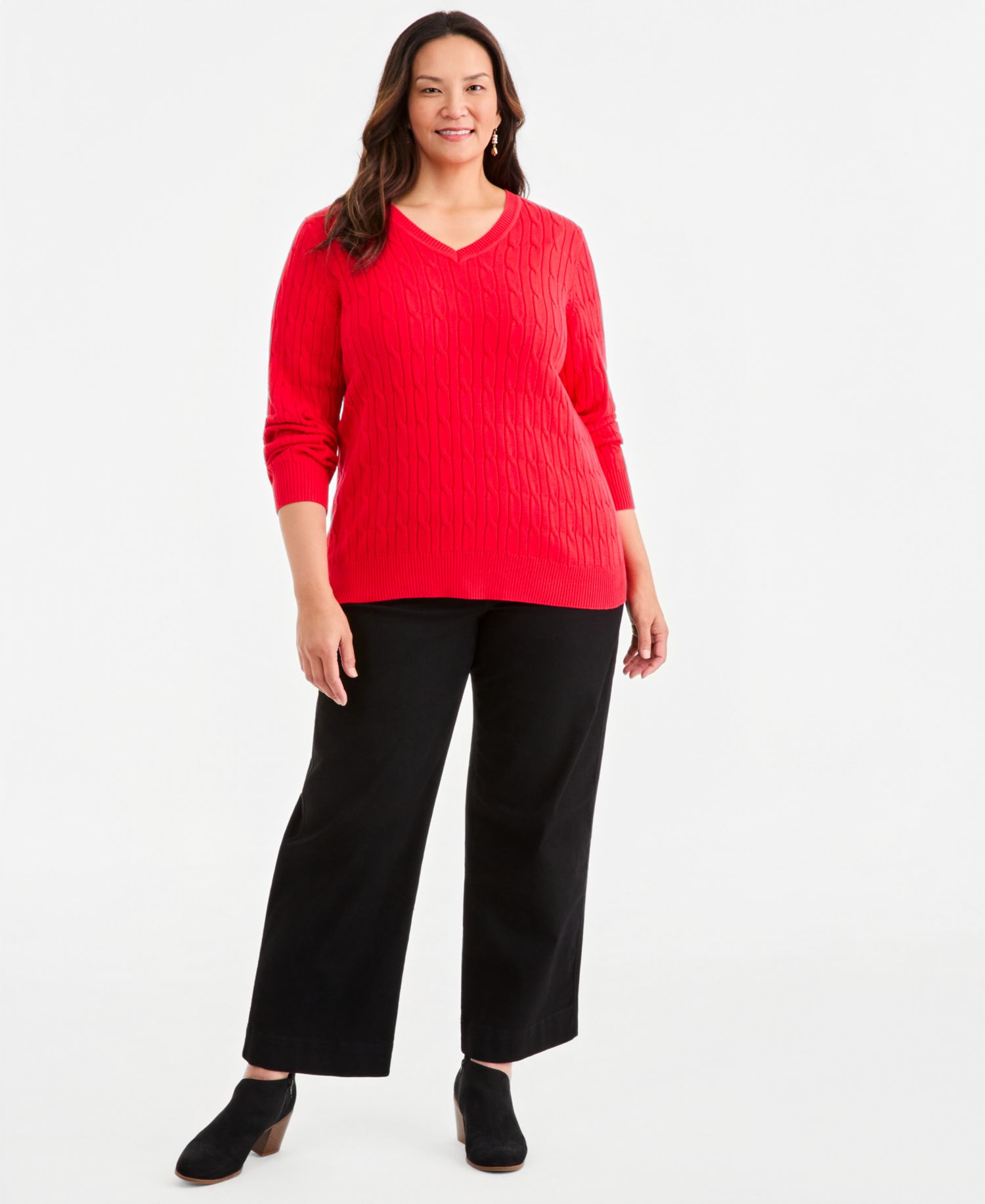 Petite Cotton Cable-Knit V-Neck Sweater