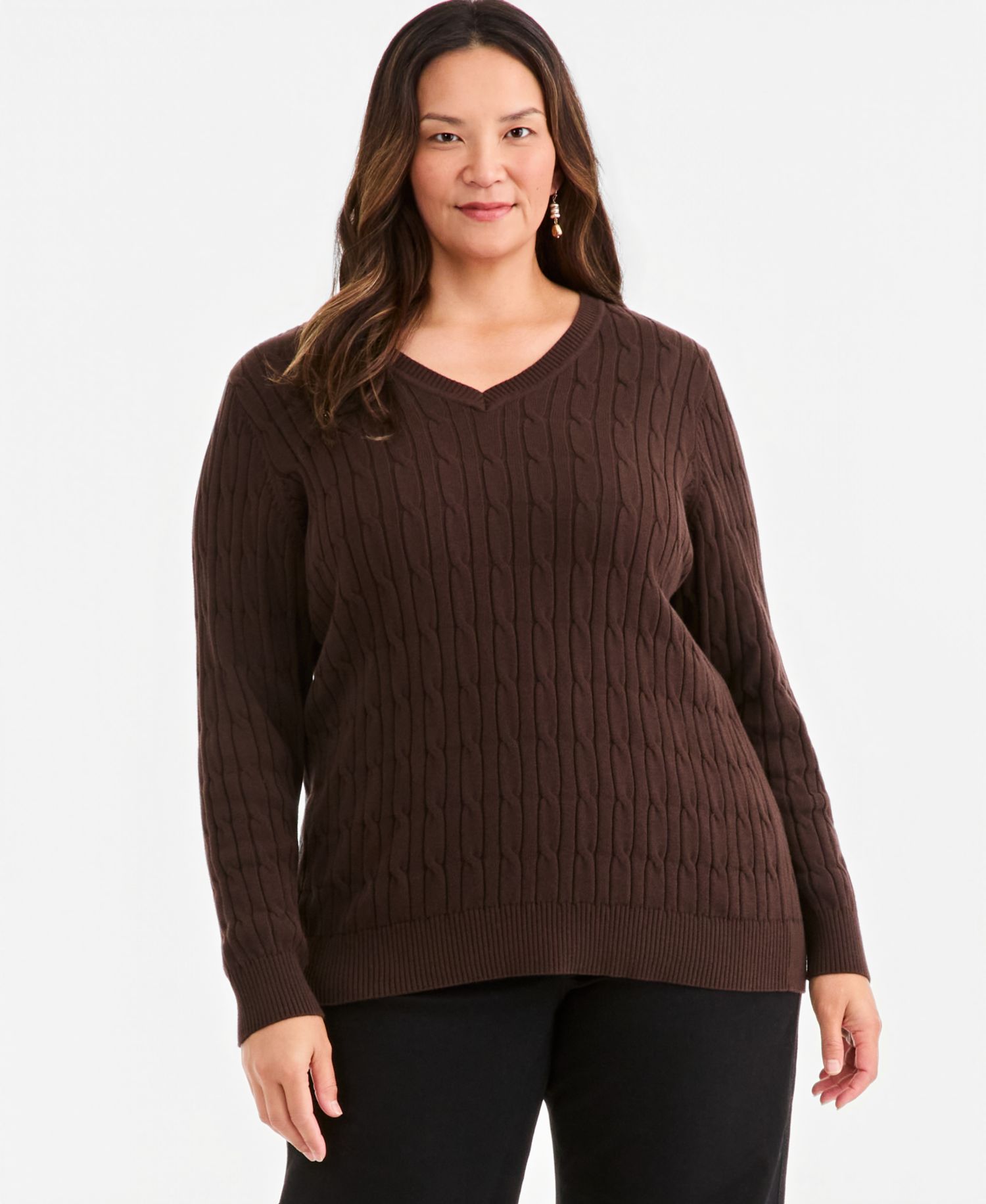 Petite Cotton Cable-Knit V-Neck Sweater
