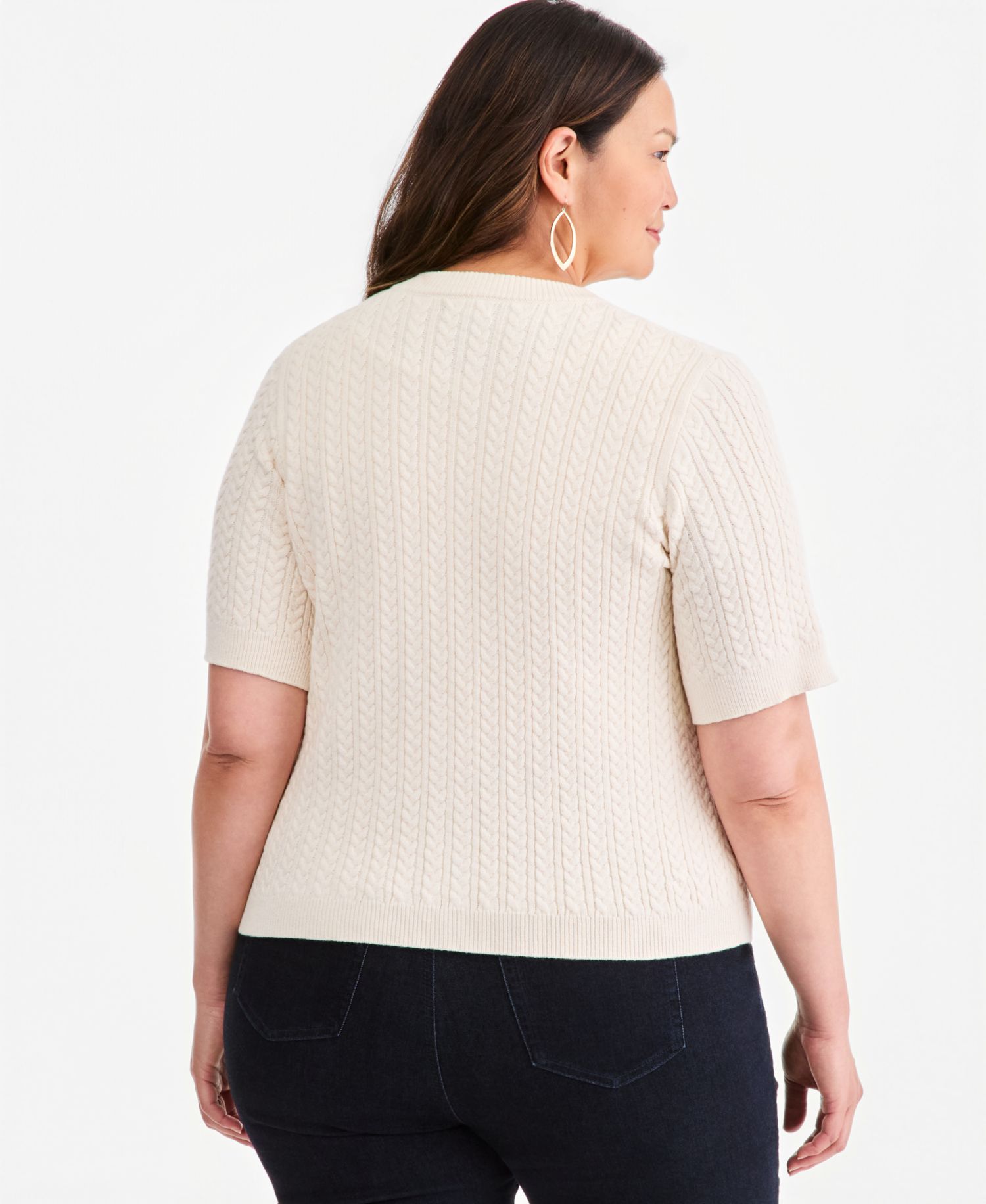 Petite Cable-Knit Short-Sleeve Crewneck Cardigan