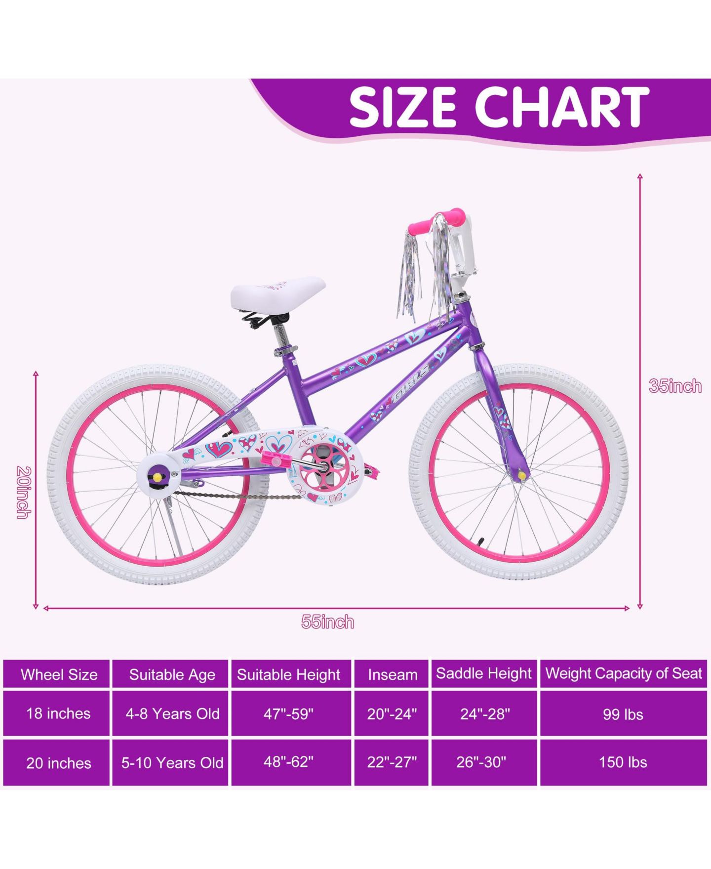 Детская игрушка SUGIFT 20-inch Kids Bike with Adjustable Saddle and Handlebar for 3-8 Years Olds, цвет: Фиолетовый — фото 3