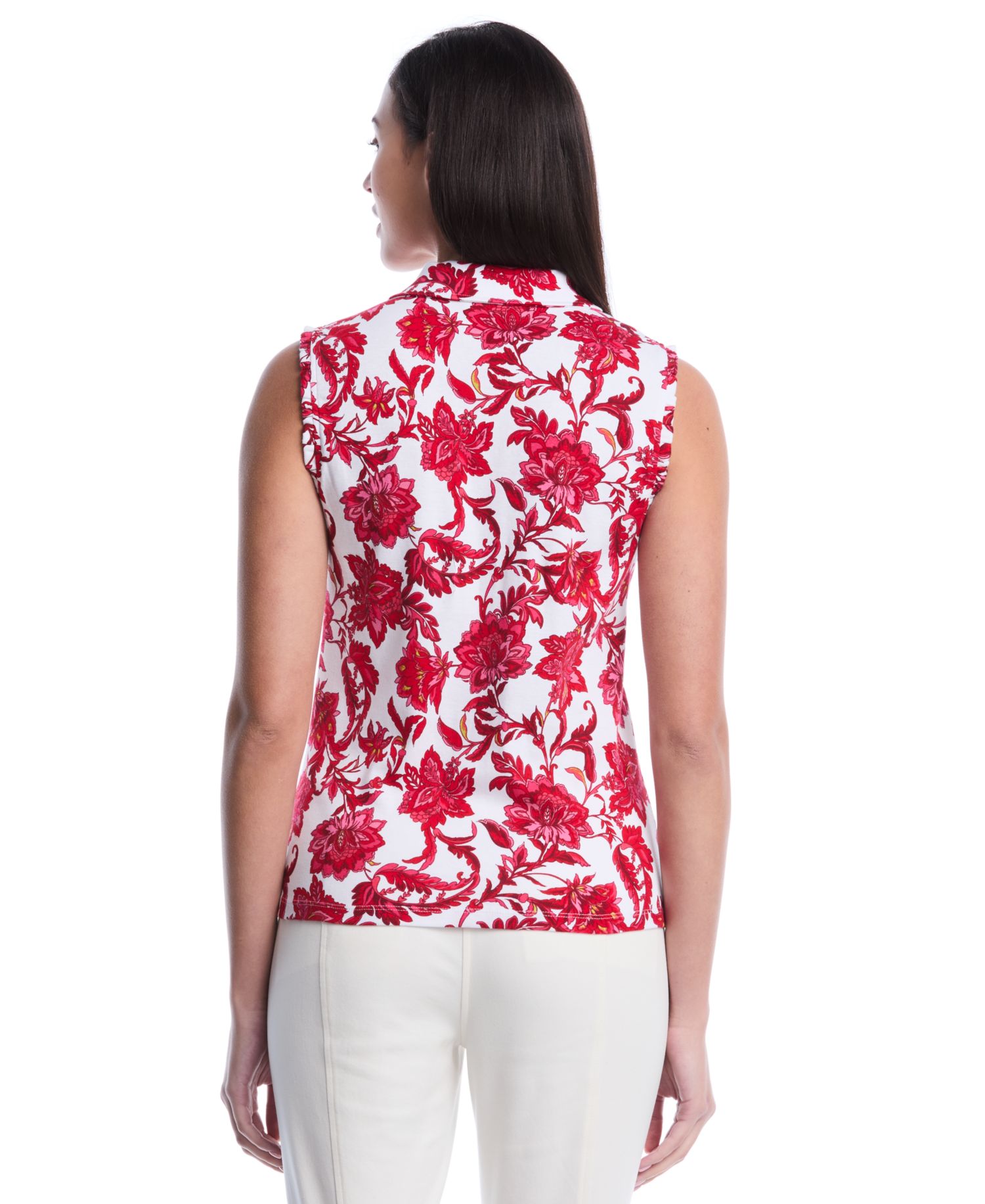 Petite Botanical Print Ruffle Trim Sleeveless Polo Shirt