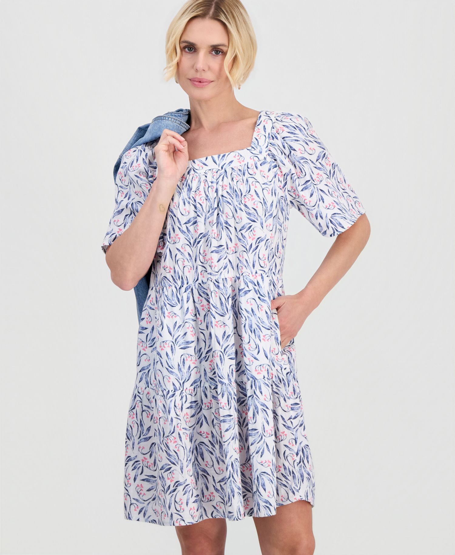 Petite Printed Square-Neck Short-Sleeve Cotton Dress