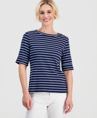 Petite Cotton Striped Asymmetric-Button Top