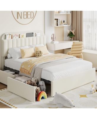 Twin Bed Frame with 2 Drawers, Boucle Upholstered Bed with Bookcase Headboard, Kids Bed, Easy Assembly, No Box Spring, Noise Free