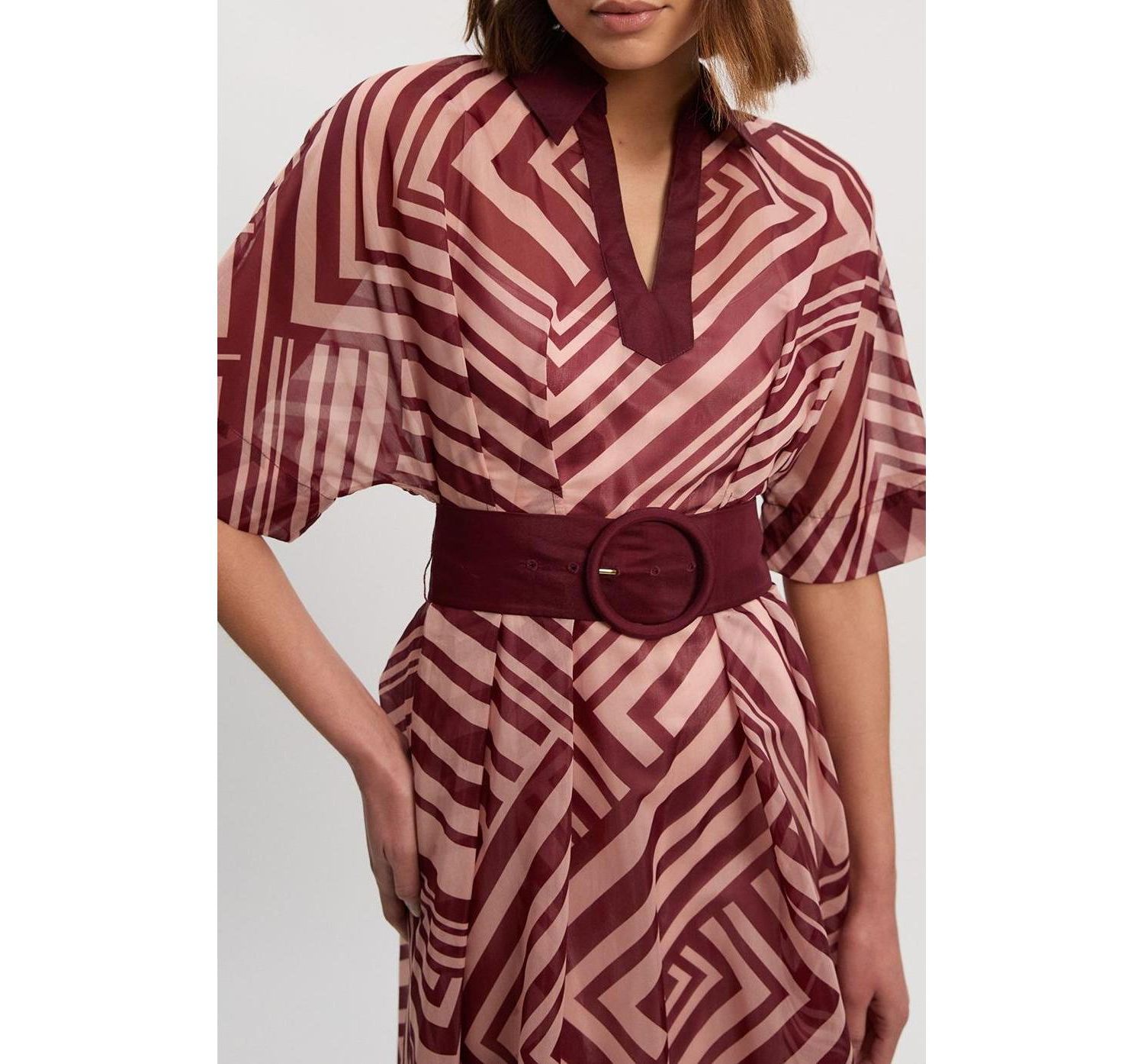 Women's Printed 3/4 Sleeve Plunge Midi Dress