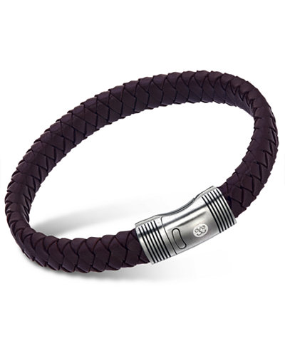 Esquire Men's Jewelry Brown Braided Leather Bracelet in Stainless Steel, Only at Macy's