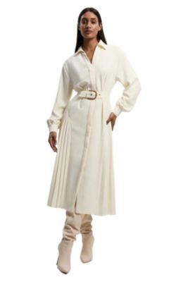 Women's Tailored Crepe Belted Pleated Midi Dress