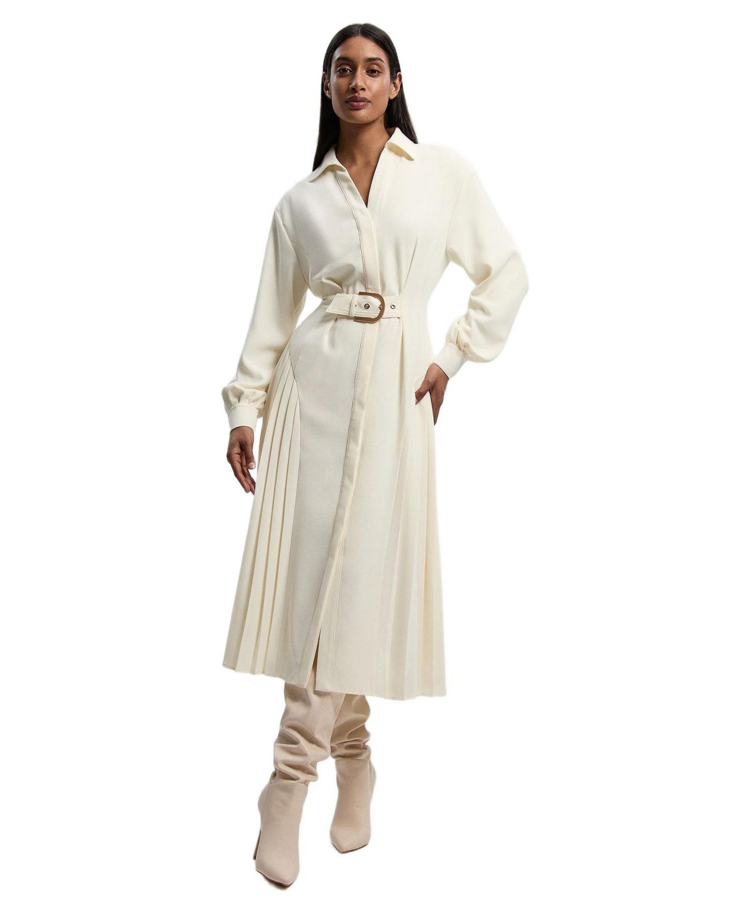 Women's Tailored Crepe Belted Pleated Midi Dress