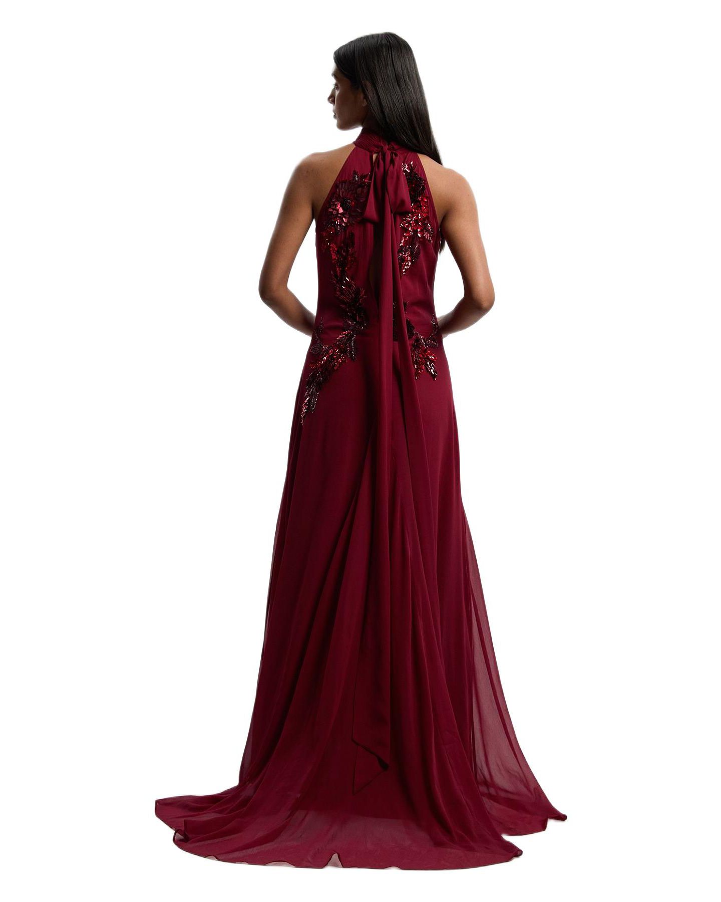 Женское платье Karen Millen Feather Embellished Halter Maxi, цвет: Винный — фото 4