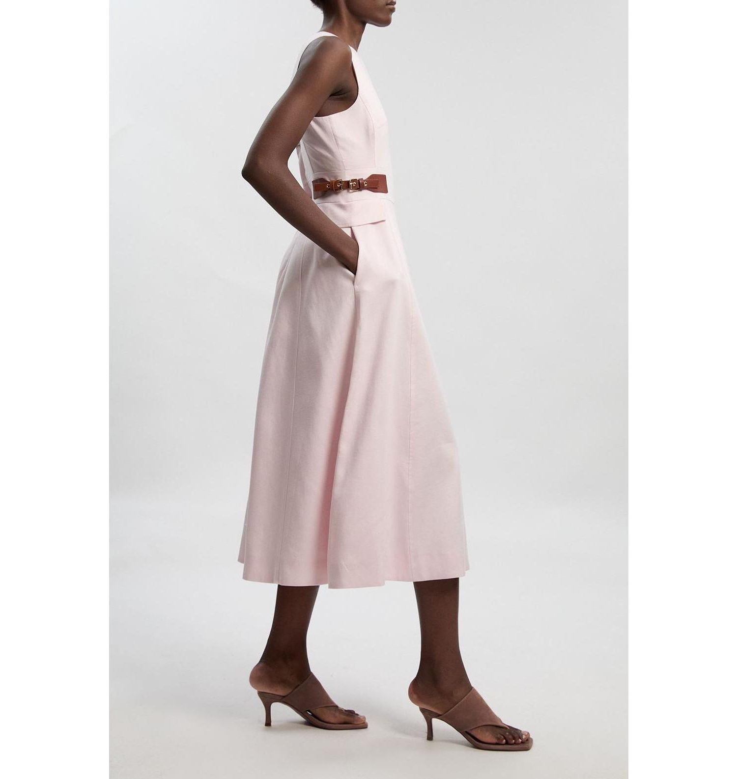 Women's Fitted Belt Crew Neck Midi Dress