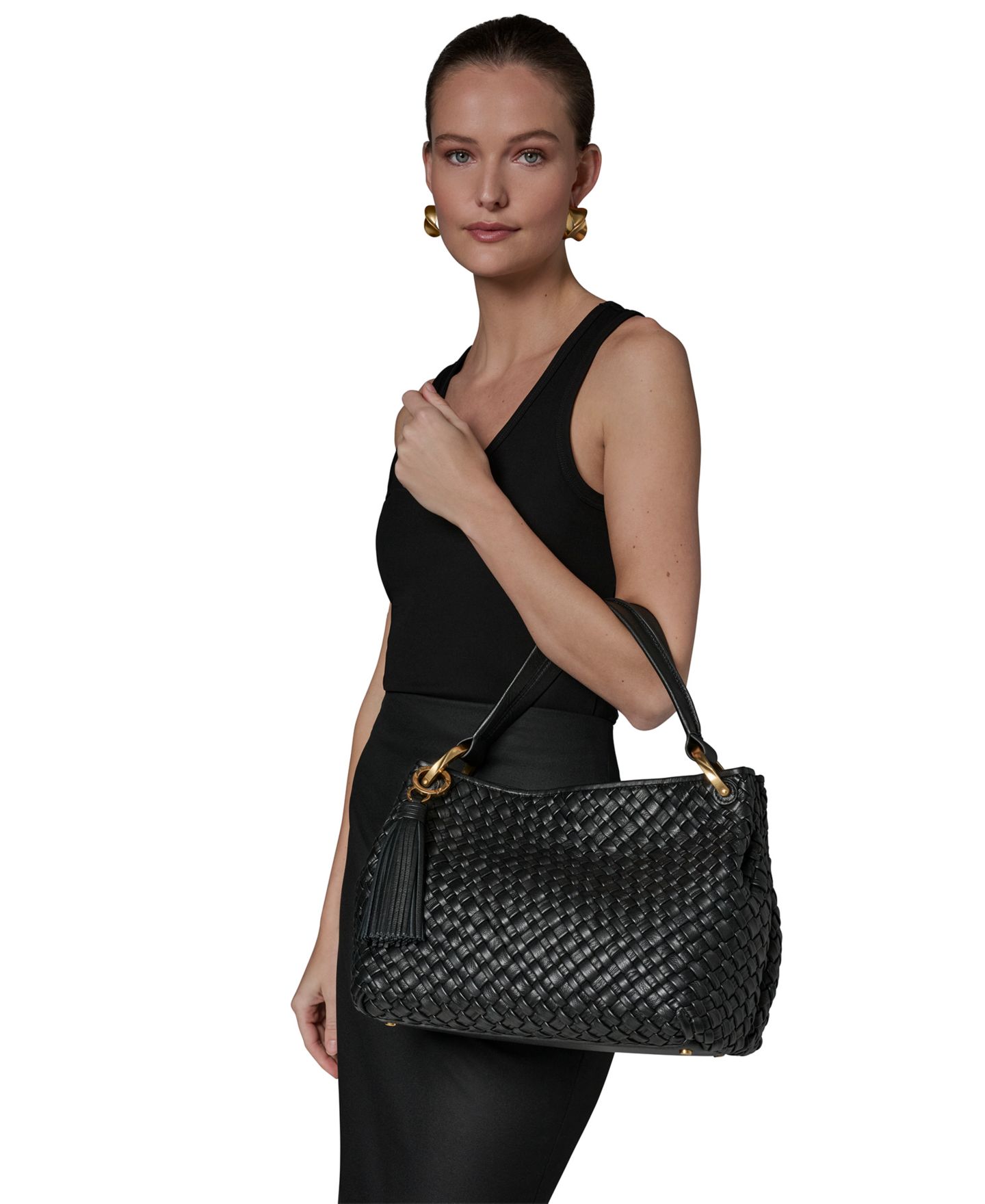 Женская сумка Donna Karan New York Glenwood Woven Small Shoulder Handbag, цвет: Чёрный / Золотой — фото 5
