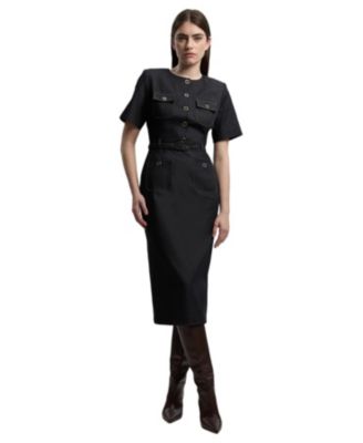 Women's Tailored Denim Belted Midi Dress