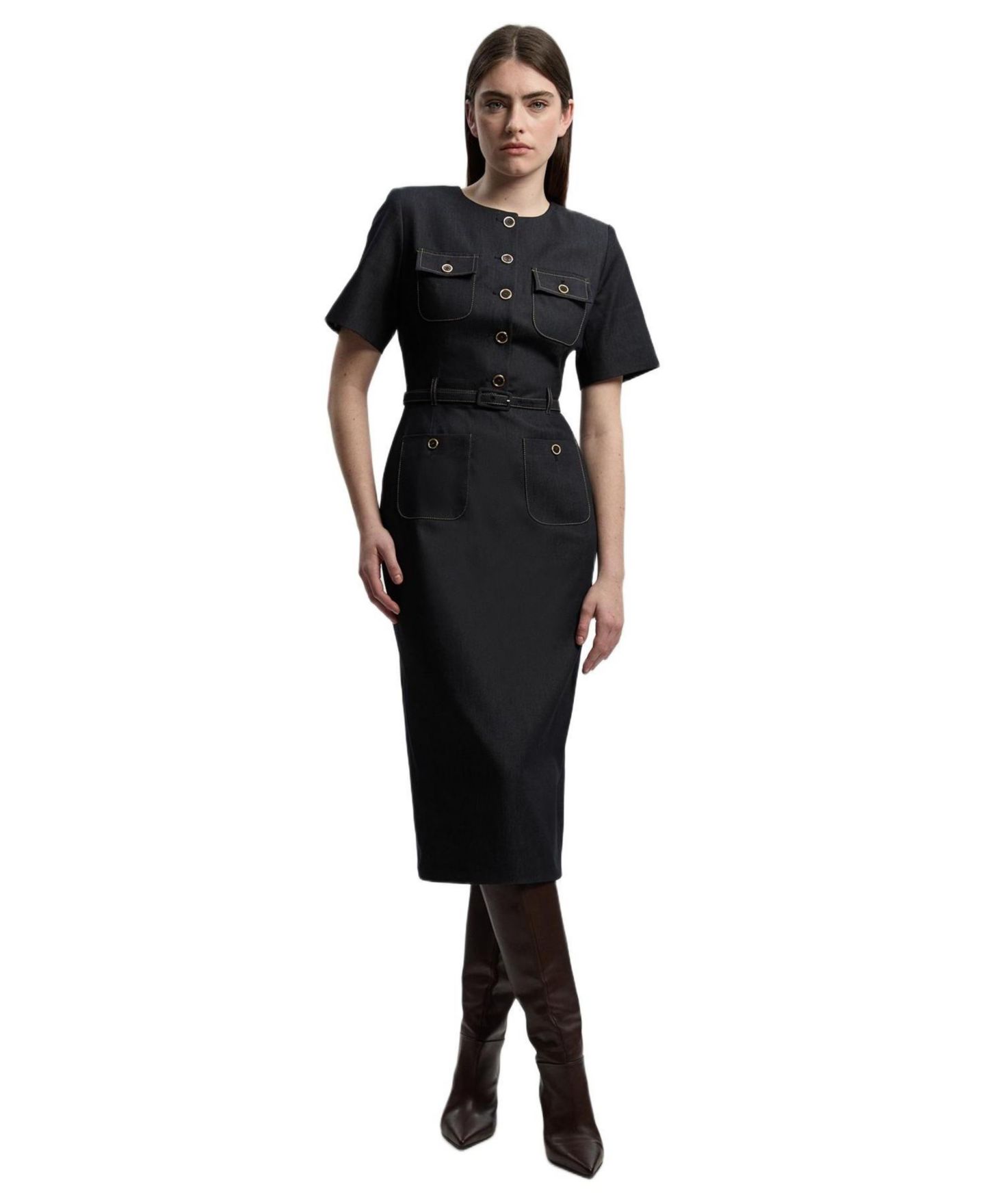 Женское платье Karen Millen Tailored Denim Belted Midi, цвет: Индиго — фото 1