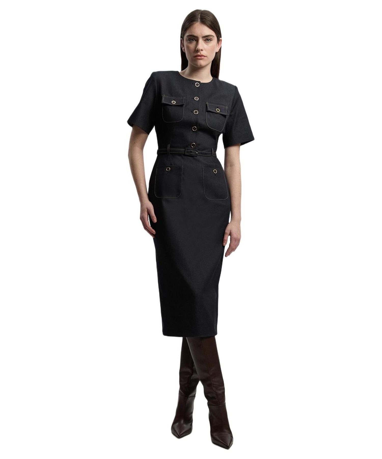 Women's Tailored Denim Belted Midi Dress