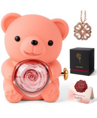 Teddy Bear Preserved Rose Necklace Box Couple Mother Gift