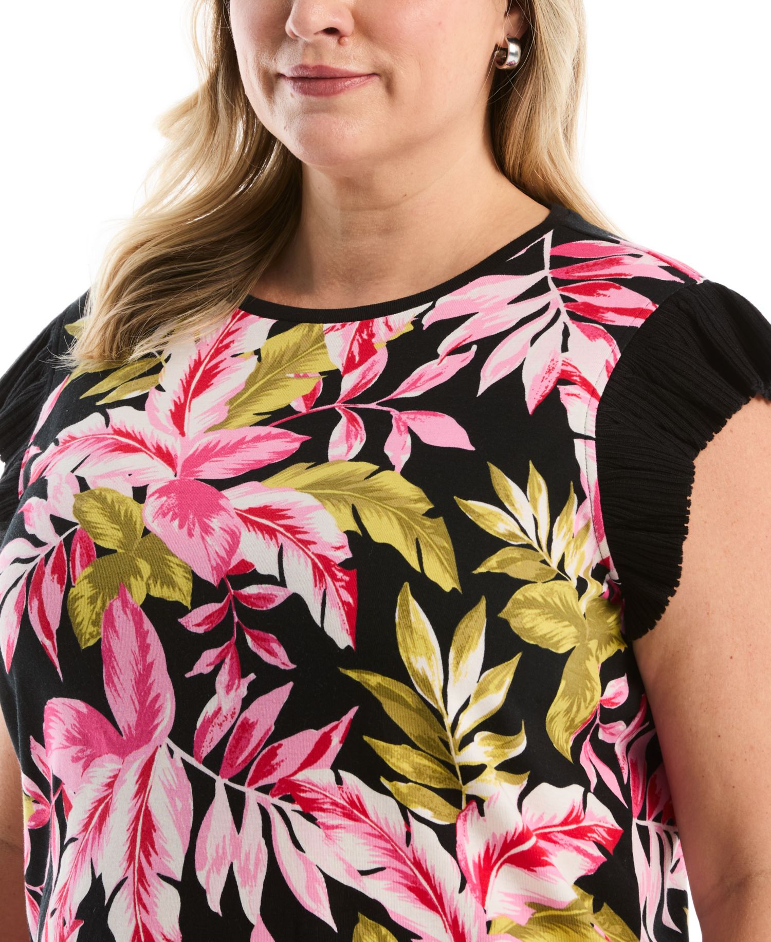 Plus Size Tropical Print Ruffle Cap-Sleeve Top