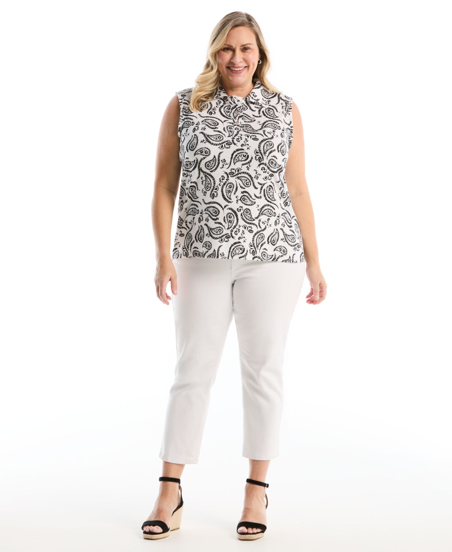 Женское поло Rafaella Plus Size Paisley Print Ruffle Trim Sleeveless Polo, цвет: Белый — фото 2