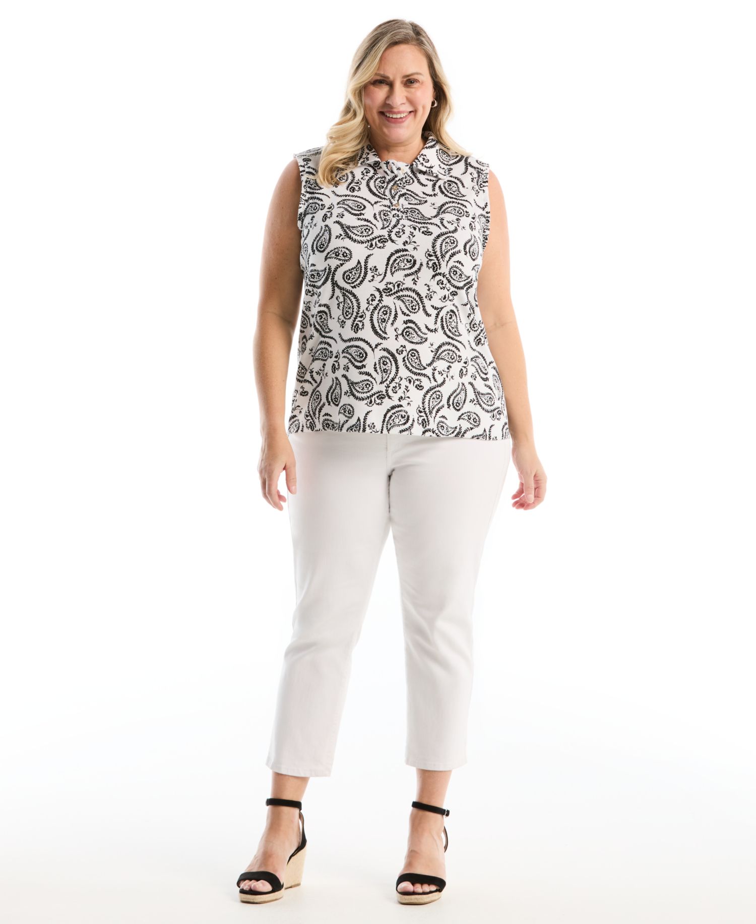Plus Size Paisley Print Ruffle Trim Sleeveless Polo Shirt