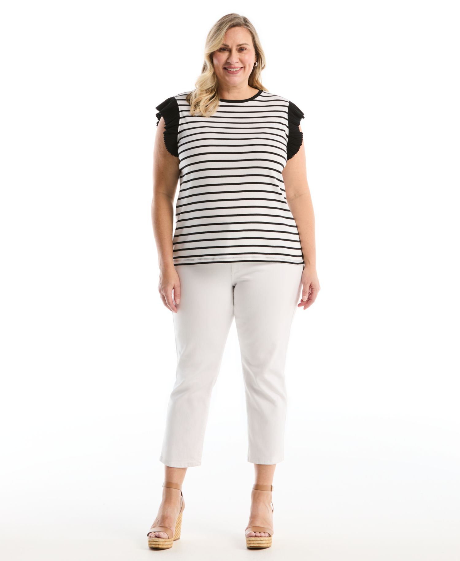 Plus Size Striped Ruffle Cap-Sleeve Top