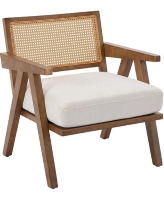 Wood Accent Chair with Rattan Backrest and Linen Cushion