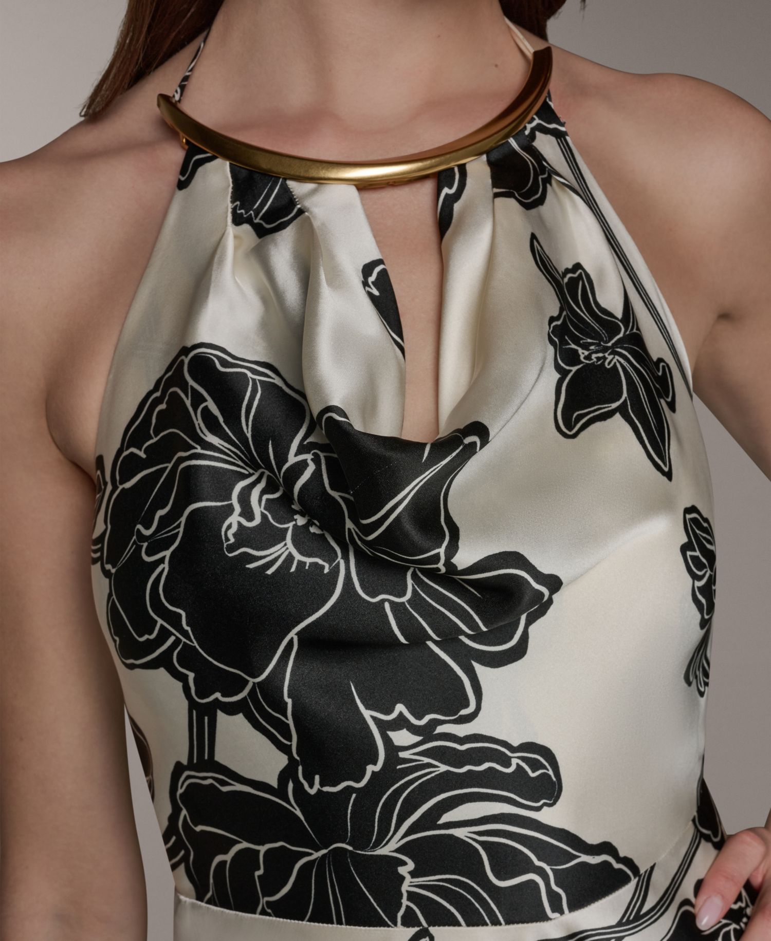 Women's Cowl Neck Halter Floral A-Line Sleeveless Midi Dress