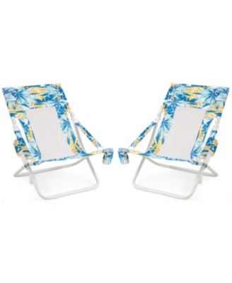 Low Folding Beach Chair Set of 2 with Pillow and Cup Holder