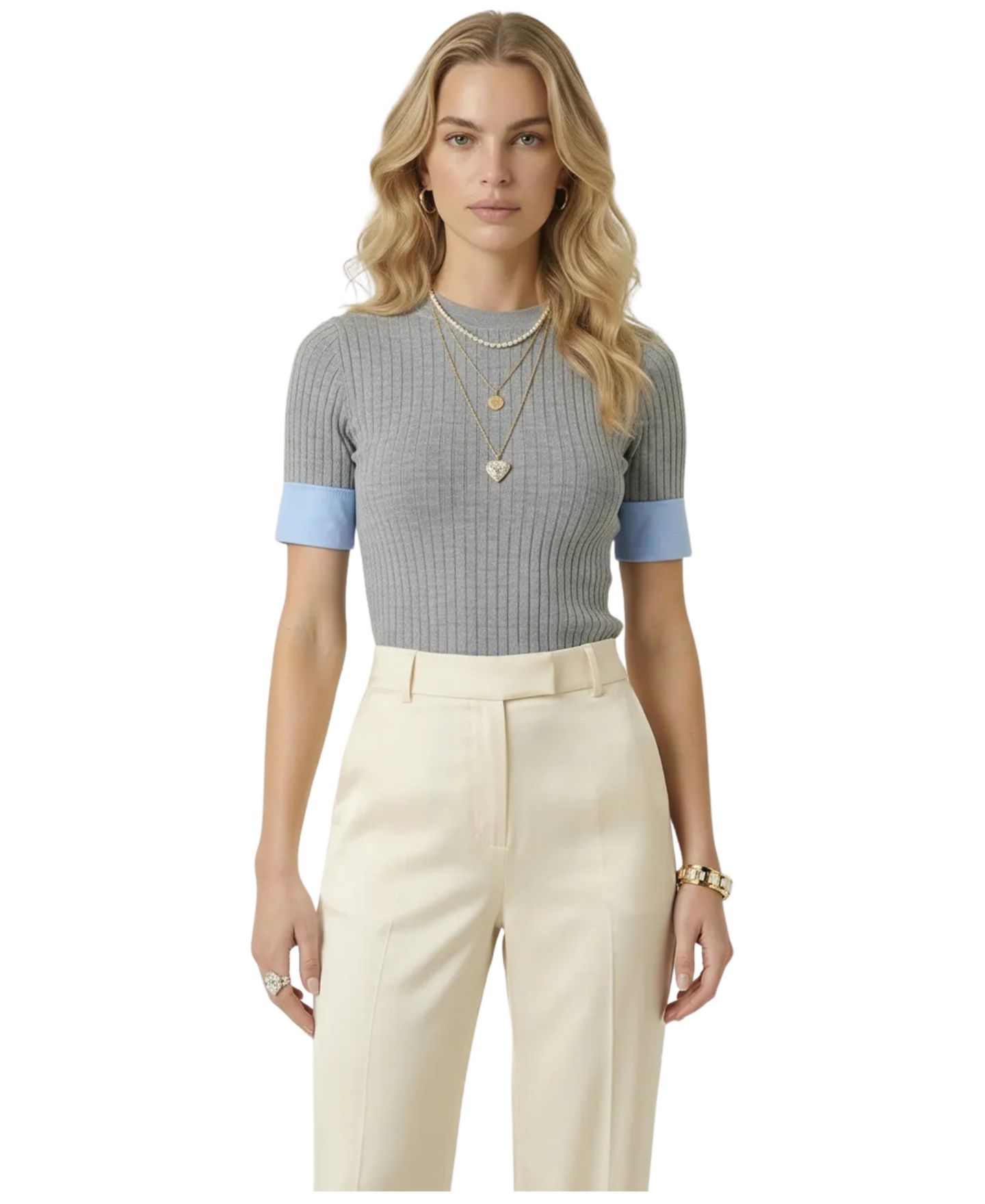 Женский топ Modenaire Ribbed Knit Contrast Cuff, цвет: Меланжевый серый / Синий — фото 1