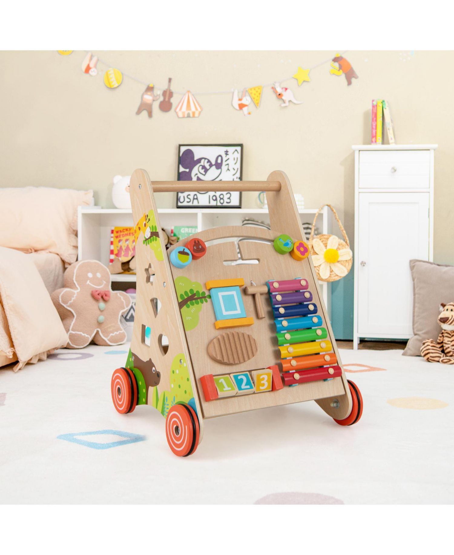 Wooden Baby Push and Pull Walker with Storage and Sturdy Handle-Light Brown