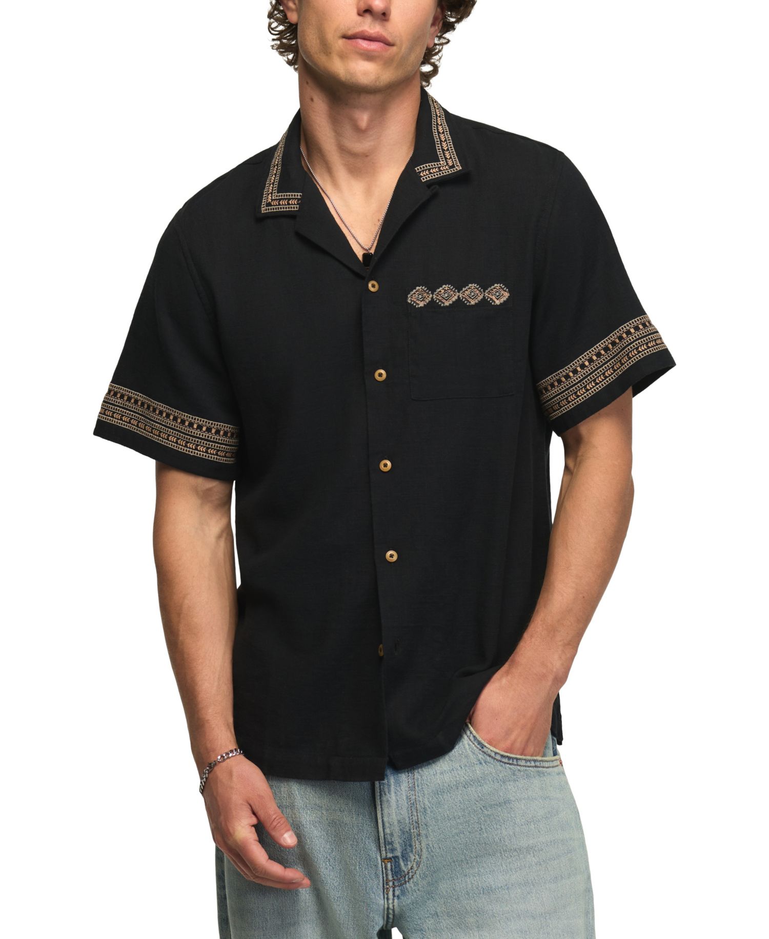 Men's Embroidered Detail Camp Collar Shirt