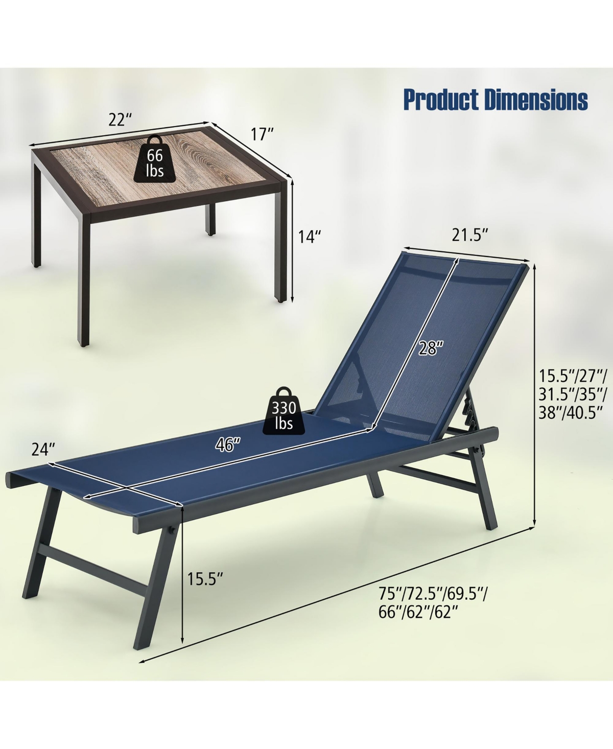 Gymax 3pcs Patio Chaise Lounge Set Aluminum Recliner Chair Table Outdoor Adjust