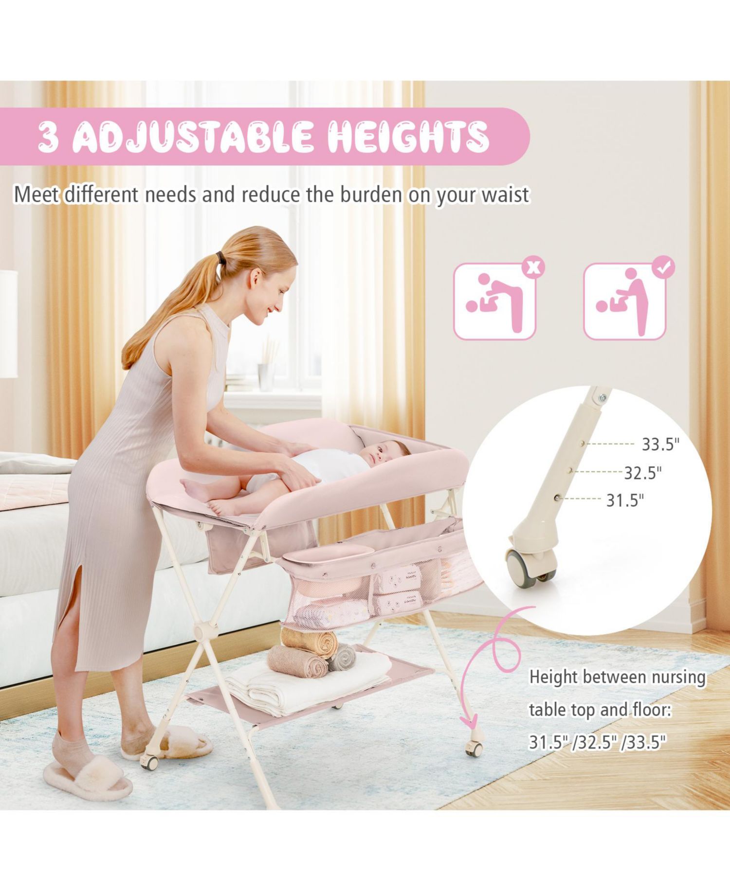 Infant Diaper Changing Table with Water Basin and Wheels