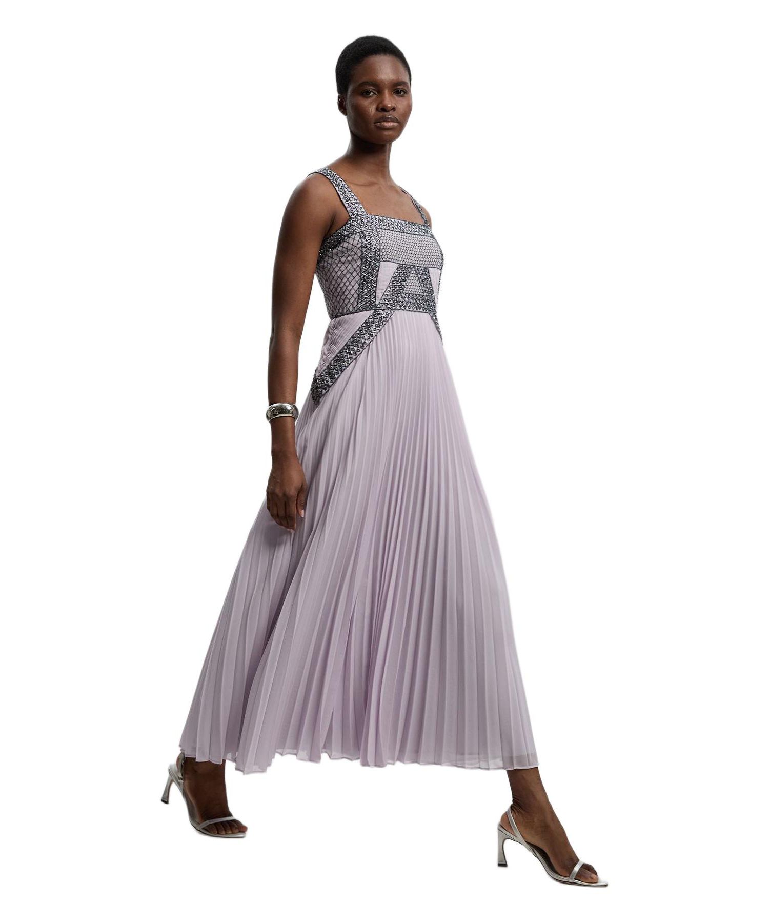 Women's Embellished Pleated Woven Midi Dress