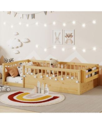 Size Montessori Floor Bed with Storage Shelf and Light, No Slats Included